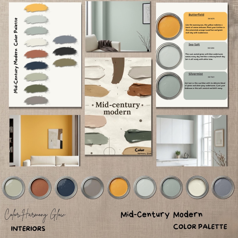 K&ouml;nnte beinhalten: Eine Farbpalette im Mid-Century-Modern-Stil mit Farbmustern und Einrichtungsideen. Das Bild zeigt Farbdosen, Farbmuster und Raumszenen mit Farben wie Gelb, Blau und Grau.
