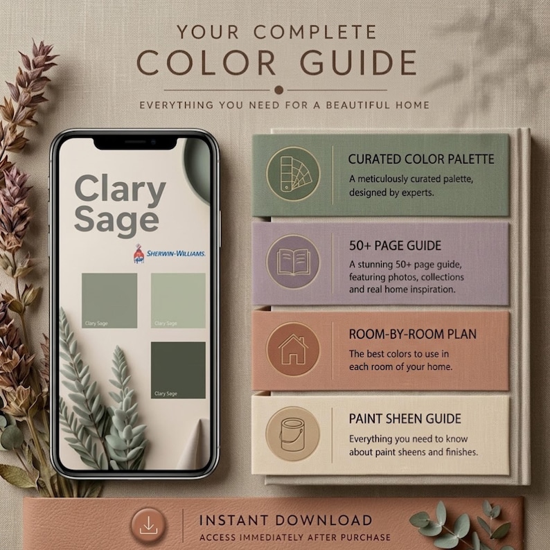 K&ouml;nnte beinhalten: Ein digitaler Farbberater auf einem Smartphone-Bildschirm mit dem Text "Clary Sage" und dem Markenzeichen Sherwin-Williams. Der Ratgeber enth&auml;lt eine kuratierte Farbpalette, einen 50+-Seiten-Ratgeber, einen Raum-f&uuml;r-Raum-Plan und einen Glanzgrad-Ratgeber. Das Bild ist vor einem neutralen Hintergrund.