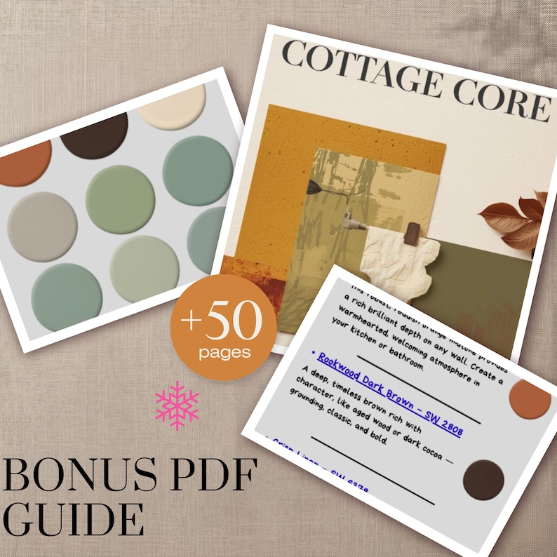 K&ouml;nnte beinhalten: Eine Sammlung von Designelementen f&uuml;r ein Cottage-Core-Thema. Enth&auml;lt eine Farbpalette mit verschiedenen Gr&uuml;n-, Braun- und Beiget&ouml;nen, ein Moodboard und eine Karte mit Farbinformationen. Der Text lautet "BONUS PDF GUIDE".