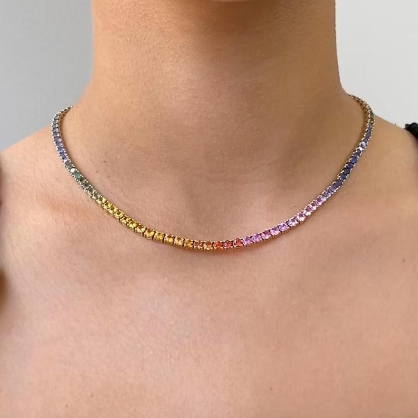 Rainbow Sapphire Tennis Necklace, Solid Gold & Sterling Silver, Minimalist Gemstone Necklace