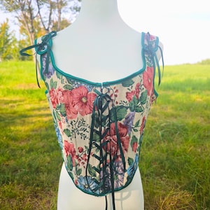 Floral and flower corsets, cropped jacquard tops, cottagecore renaissance corsets, front-laced herringbone corsets