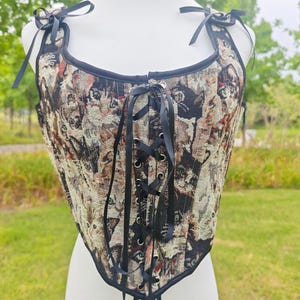 Jacquard Cat Corset Top with Side Zipper – Gothic Lolita Style Bustier Lingerie, Cat Pattern Corset S-2XL