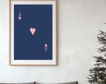 Lámina de pared azul marino y rosa: As de corazones/Naipes, decoración minimalista para el hogar, plantilla editable de Canva (descarga instantánea)