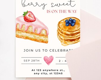 Invitación para baby shower: "Someone Berry Sweet", temática de bayas / Plantilla editable de Canva (descarga instantánea)