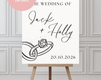 Letrero de bienvenida para boda: Plantilla de Canva editable con temática de anillo minimalista (descarga digital o impresión)