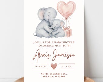 Invitación para baby shower: Mamá y bebé elefante con globos en forma de corazón / Plantilla editable de Canva (descarga instantánea)