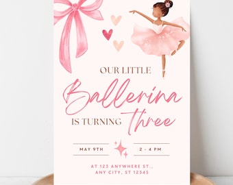 Invitación para el tercer cumpleaños: Nuestra pequeña bailarina, invitación de cumpleaños infantil / Plantilla editable de Canva (descarga instantánea)