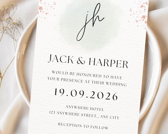 Invitación de boda: rústica/verde pastel/plantilla editable de Canva (descarga inmediata)
