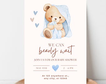 Invitación para baby shower: Osito de peluche para niño / Plantilla editable de Canva (descarga inmediata)