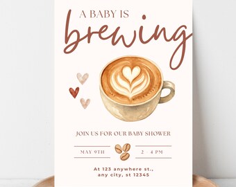 Invitación para baby shower: Café marrón y beige con la frase "Se está preparando un bebé" / Plantilla editable de Canva (descarga instantánea)