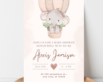 Invitación para baby shower: Elefante bebé neutro con globos / Plantilla editable de Canva (descarga inmediata)