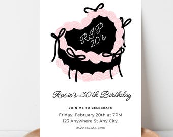 Invitación para 30.º cumpleaños: Descansen en paz, mis 20. Tema de pastel rosa y negro / Plantilla de Canva (descarga instantánea)