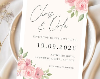 Invitación de boda: Plantilla editable de Canva con temática floral rosa (descarga inmediata)