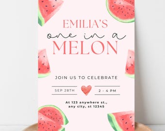 Invitación de primer cumpleaños "One in a Melon": Plantilla editable de Canva (Descarga instantánea)