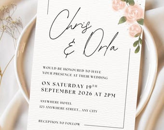 Invitación de boda: Diseño floral rústico / Plantilla editable de Canva (descarga instantánea)