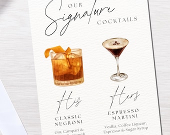 Menú de cócteles/bebidas/bar para bodas: Plantilla editable de Canva (descarga instantánea)