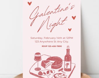 Invitación para la Noche de Galentine: Plantilla editable de Canva con temática de vino y queso (descarga inmediata)