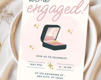 Invitación para fiesta de compromiso: Plantilla editable de Canva con temática de anillo rosa y verde (descarga inmediata)