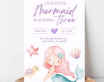 Invitación de tercer cumpleaños: "La Sirenita", plantilla editable de Canva (descarga instantánea)
