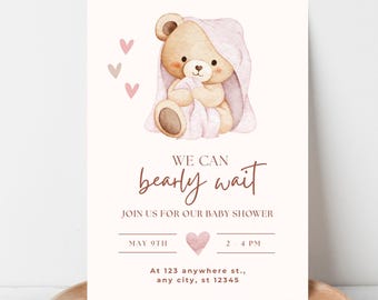 Invitación para baby shower: Osito de peluche para niña / Plantilla editable de Canva (descarga inmediata)
