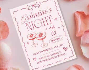 Invitación de Galentine's Night: Rosa y rojo / Plantilla editable de Canva (descarga instantánea)