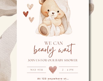 Invitación para baby shower: Osito de peluche neutro / Plantilla editable de Canva (descarga inmediata)