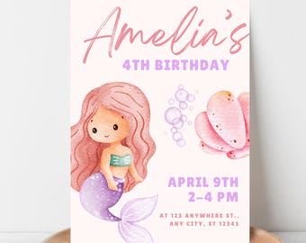 Invitación para 4.º cumpleaños: Sirena pastel, invitación de cumpleaños infantil / Plantilla editable de Canva (descarga instantánea)