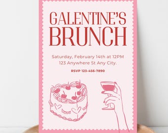 Invitación al brunch de Galentine: Cócteles y pastel en rosa y rojo / Plantilla editable de Canva (descarga instantánea)