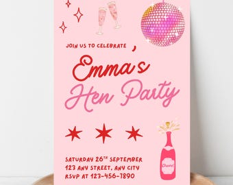 Hen Party Einladung: Pink & Rot Girly / Champagner-Thema | Bearbeitbare Canva-Vorlage (Sofortdownload)