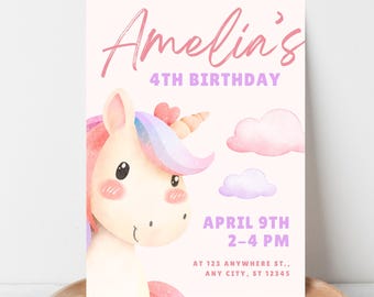 Invitación para 4.º cumpleaños: Unicornio pastel, invitación de cumpleaños infantil / Plantilla editable de Canva (descarga instantánea)
