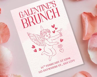 Invitación al brunch de Galentine: Cupido rosa y rojo / Plantilla editable de Canva (descarga instantánea)