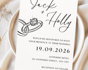 Invitación de boda: Plantilla editable de Canva con temática minimalista de anillos (descarga inmediata)