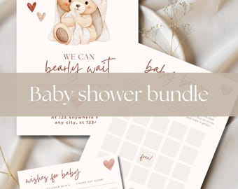 Paquete de invitaciones para baby shower: plantilla editable de Canva con temática de osito de peluche neutro (descarga instantánea)