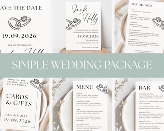 Paquete de invitaciones de boda: Plantilla editable de Canva con temática de anillos (descarga inmediata)