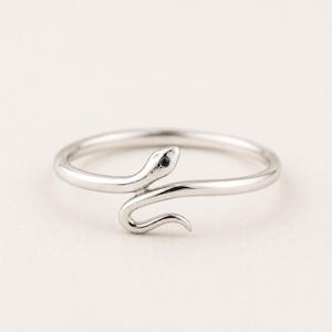 May include: A silver snake ring. The snake's head features a small black stone eye. The ring coils around the finger, with the tail curving at the base. The ring is shown against a plain white backdrop.