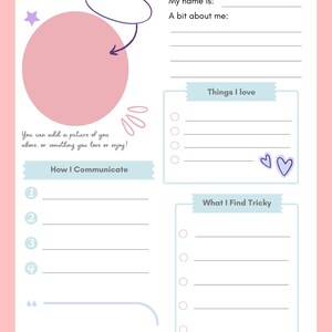 Op de afbeelding: Een roze en witte "All About Me" werkblad met invulsecties voor persoonlijke informatie, waaronder "My name is:" en "A bit about me:" met ruimte voor een foto. Bevat secties voor "Things I love" en "What I Find Tricky."