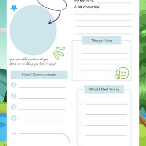 May include: A colorful "All About Me" worksheet with a light blue circle for a photo and prompts for self-reflection. Includes sections for "Things I love" and "What I Find Tricky", with a green and blue nature-themed background.