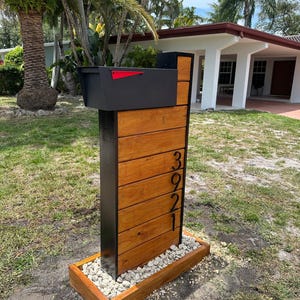 Modern Wood & Metal Mailbox with Custom Vertical House Numbers
