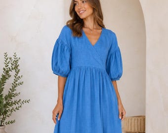 Blue Cotton Slub Maxi Dress for Women, V Neck Boho Outfit, Modest Flowy Dress, Summer Long Dress, Breathable Lightweight Comfy