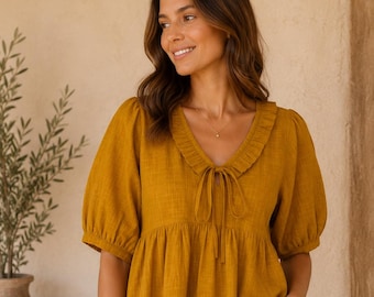 Mustard Yellow 100% Cotton Slub Blouse, Women's Ruffle Neck Top, Loose Fit Summer Shirt, Boho Casual Peasant Blouse