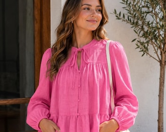 Pink Cotton Slub Summer Blouse, Long Sleeve Button Up Shirt, Tie Neck Boho Top, Women Casual Clothing, Lightweight & Breathable
