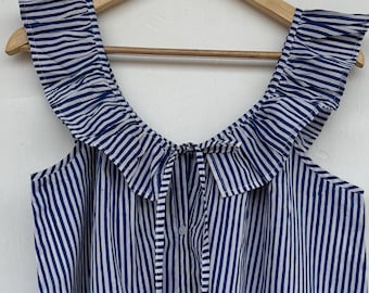 Blue Stripe Mini Dress, 100% Cotton Block Print Dress, Button-Up Short Beachwear, Comfort Sleepwear Outfit