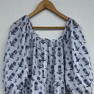 Boho Blue White Floral Cotton Maxi Dress, Button Up Tiered Block Printed Long Dress, Lightweight Summer Women Clothing