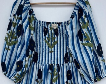 Blue Floral Bohemian Maxi Dress , Tie Sleeve V Neck Smocked Summer Dress, Flowy Lightweight Beach Outfit