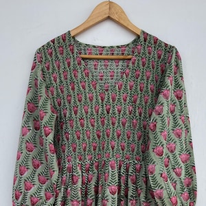Hand Block Printed 100% Cotton Floral Dress, Cottagecore Smocked Dress, Boho Tiered Maxi Dress, Casual Everyday Wear for Women