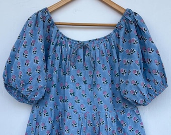 Blue Floral Print Cotton Maxi Dress, Vintage Style Boho Sustainable Outfit, Long Flowy Handmade Summer Dress, Modest Women Wear