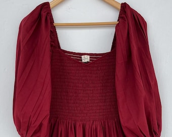 Deep Red 100% Cotton Smocked Dress, Boho Long Summer Maxi Dress, Festive Wear