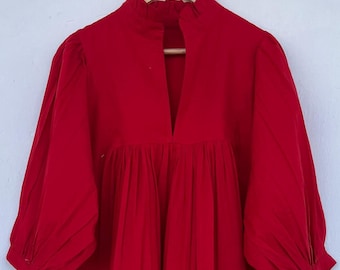 Red Cotton Ruffle Neck Loose Fit Maxi Dress, Boho Summer Cottagecore Handmade Long Dress, Christmas Wear, Anniversary Birthday Gift for Her