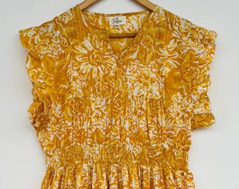 Vestido de verano amarillo con estampado floral, vestido largo bohemio con detalles artísticos, atuendo cómodo para picnic y vacaciones