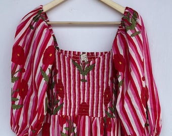 100% Cotton Printed Bohemian Maxi Dress, Red Floral Long Dress, V Neckline Smocked Summer Wear